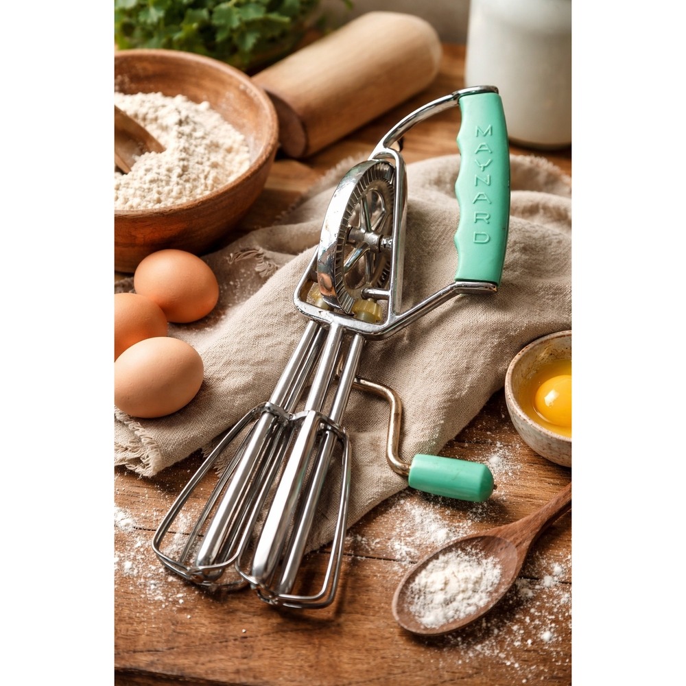 Vintage Maynard Hand Crank Egg Beater Retro Green Handle‎ Works Smooth